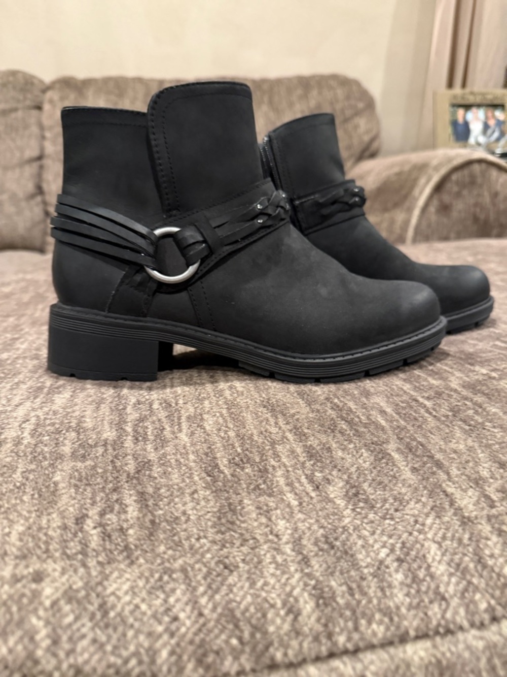 Clarks Black Ankle Booties with Decorative Ring Strap